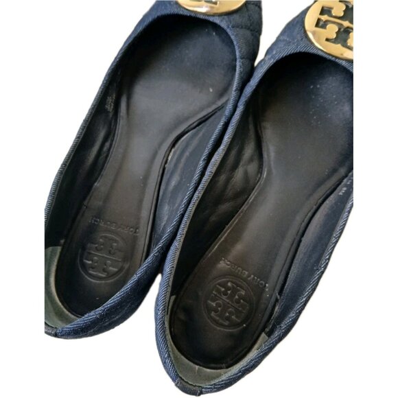 Tory Burch Womens 8 Quilted Denim Ballet Flats Navy Gold Logo Ballerina Preppy - Picture 5 of 6